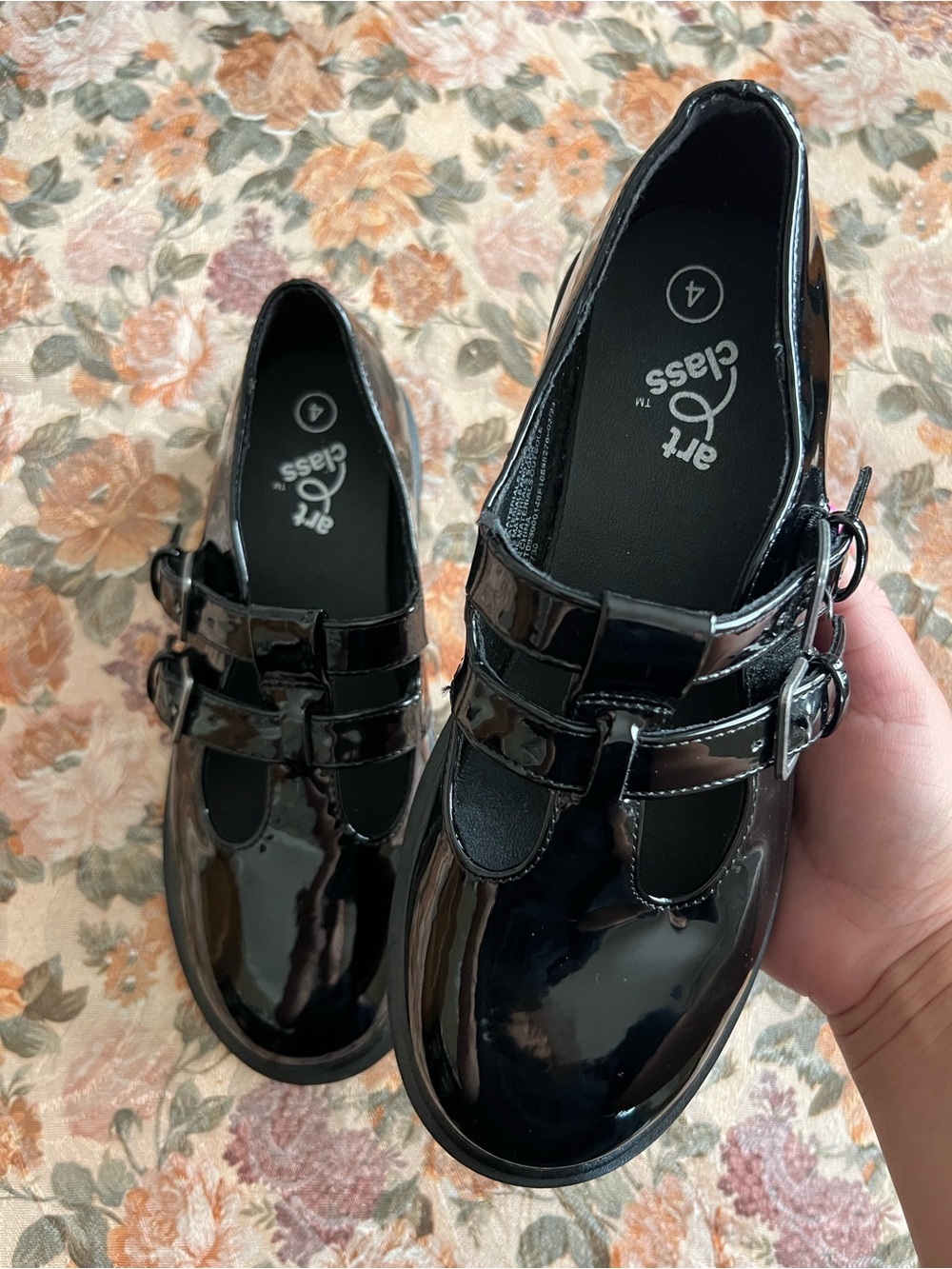 art class Kids Eden Mary Jane Black Patent Faux Leather Double-Buckle, Size 4